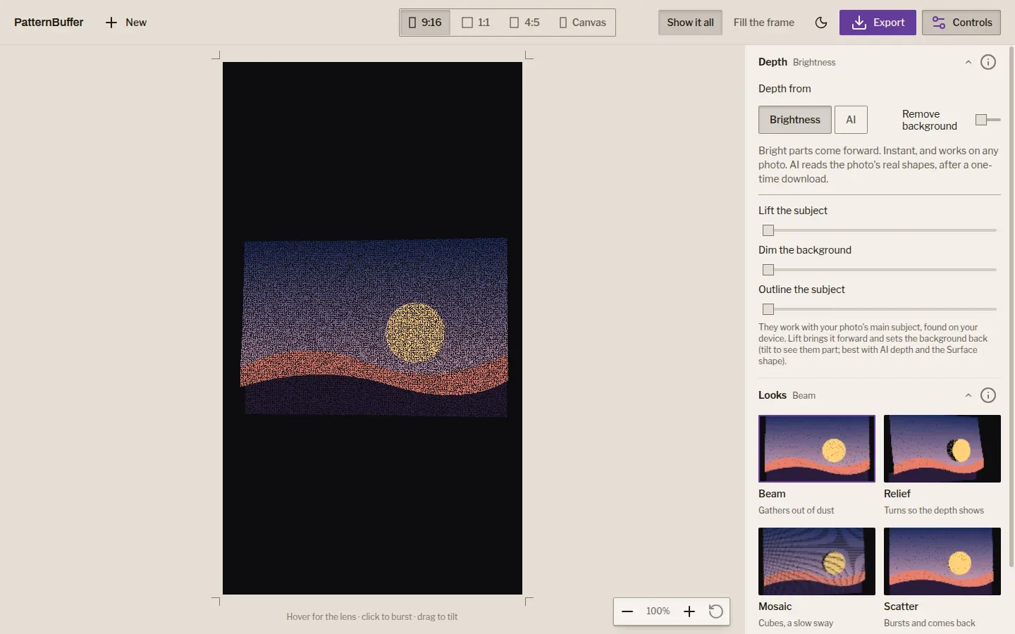 The editor: a photo as particles, with Depth and Looks to hand