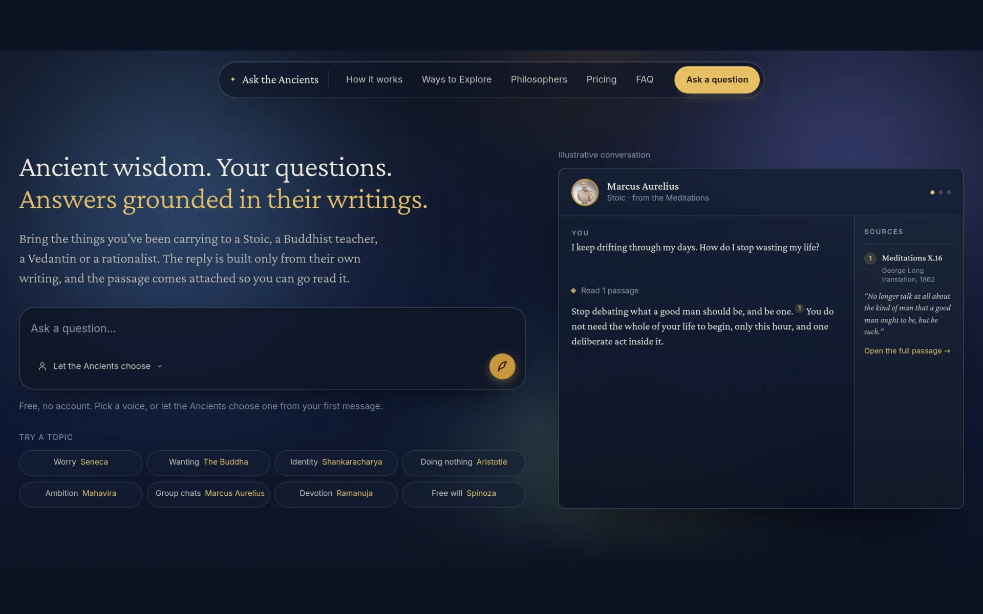 Landing page: ask a question, or let the Ancients pick who answers