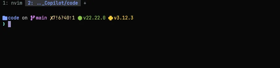 Starship prompt showing active runtimes and git status counts