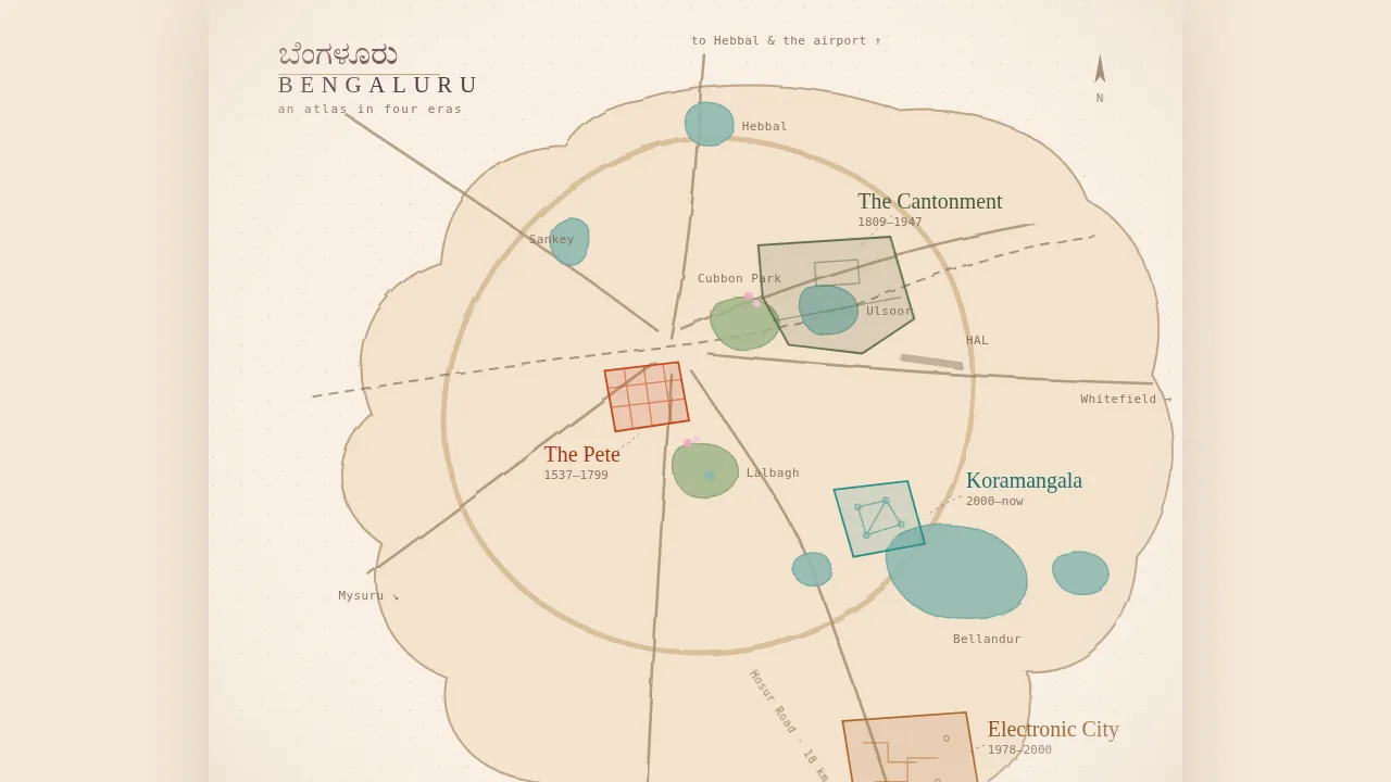 The hand-drawn map of Bengaluru, with its four eras shaded