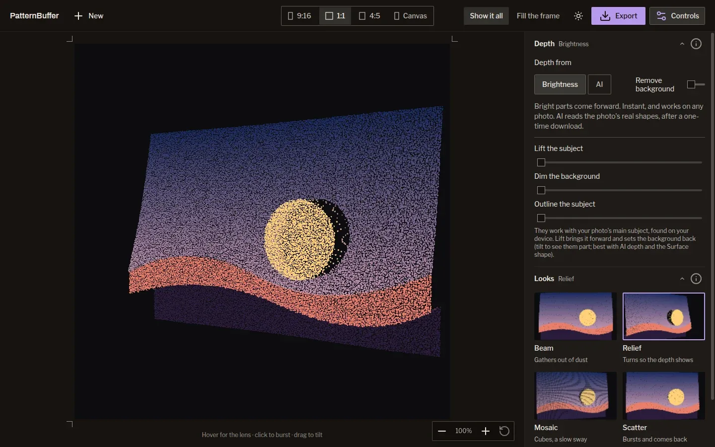 Relief turns the picture so the depth reads, here in dark mode