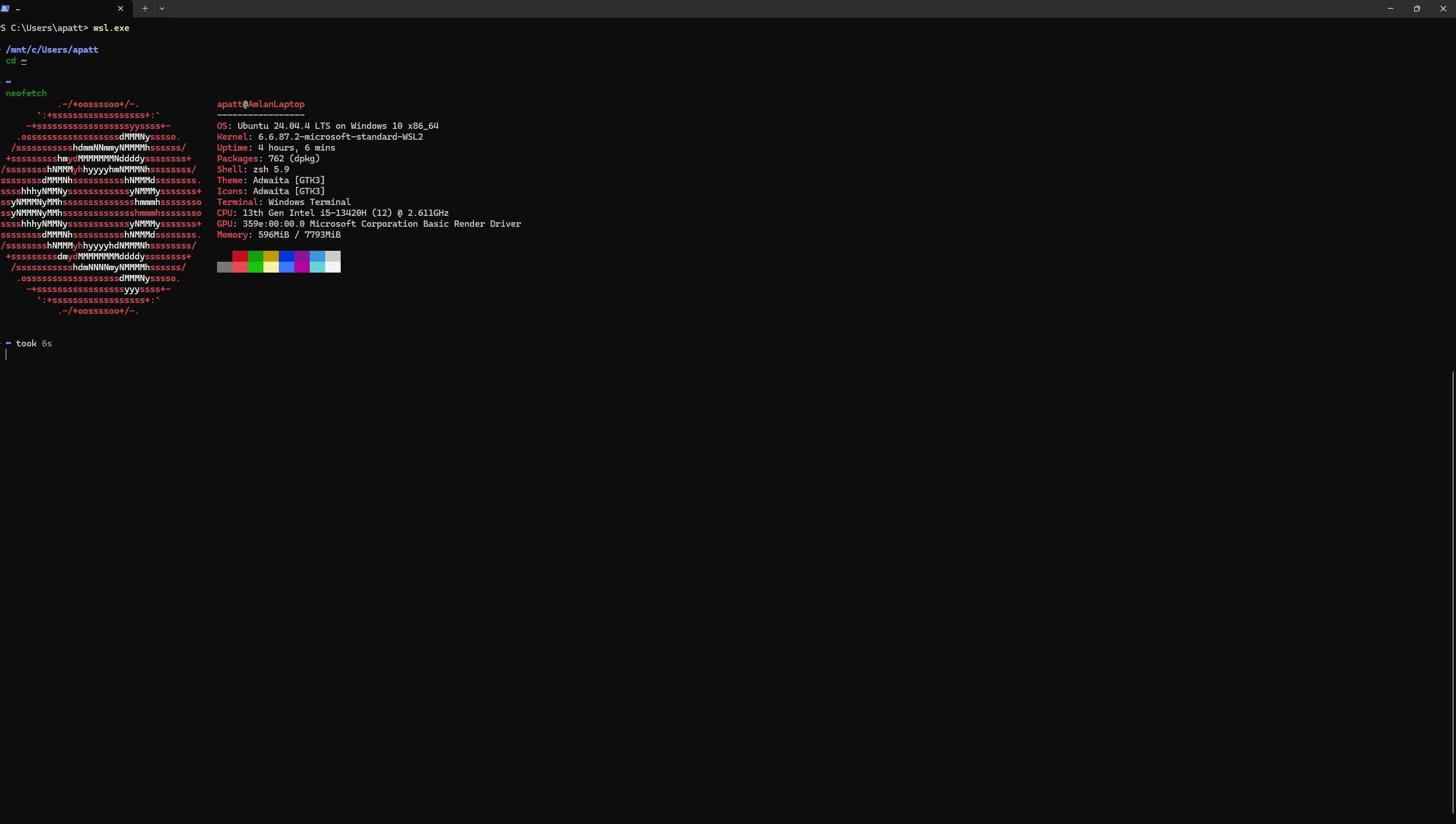 neofetch output inside WSL showing Ubuntu 24.04, WSL2 kernel, and zsh shell