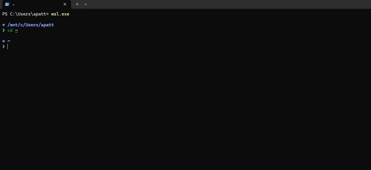 Starting WSL by running wsl.exe in PowerShell, landing directly in the Linux environment