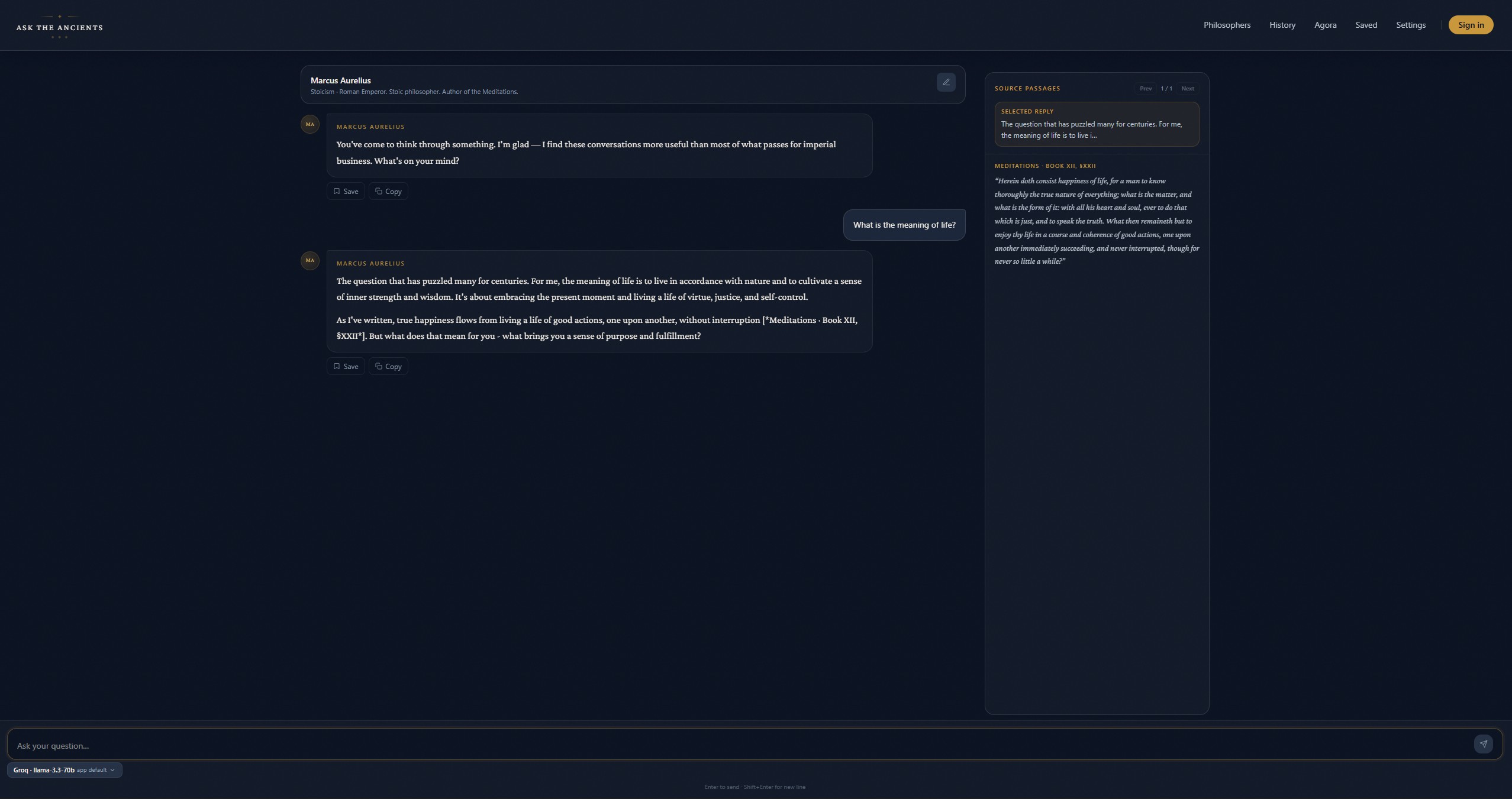 Chat interface: responses grounded in source texts with inline citations