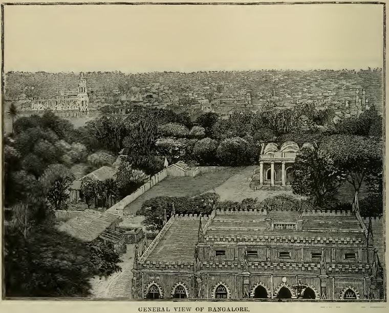 An engraved general view of Bangalore around 1890, temple roofs in the foreground